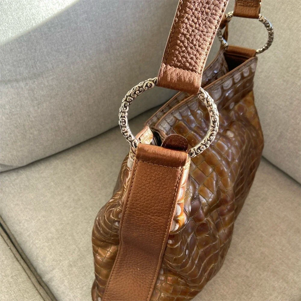 Brighton Cher Hobo Shoulder Bag Womens Large Brown Bronze Croc Embossed